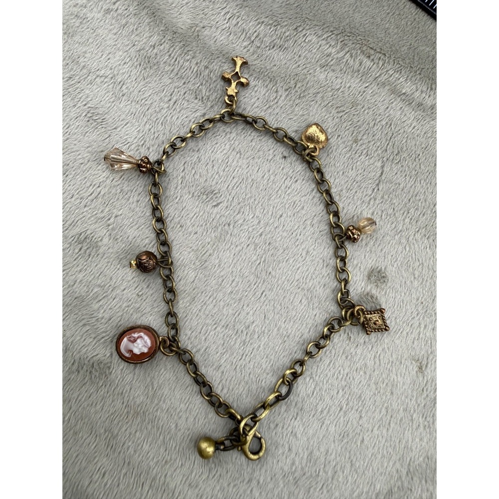 1928 Charm Bracelet Gold Tone Cross Cameo 9"